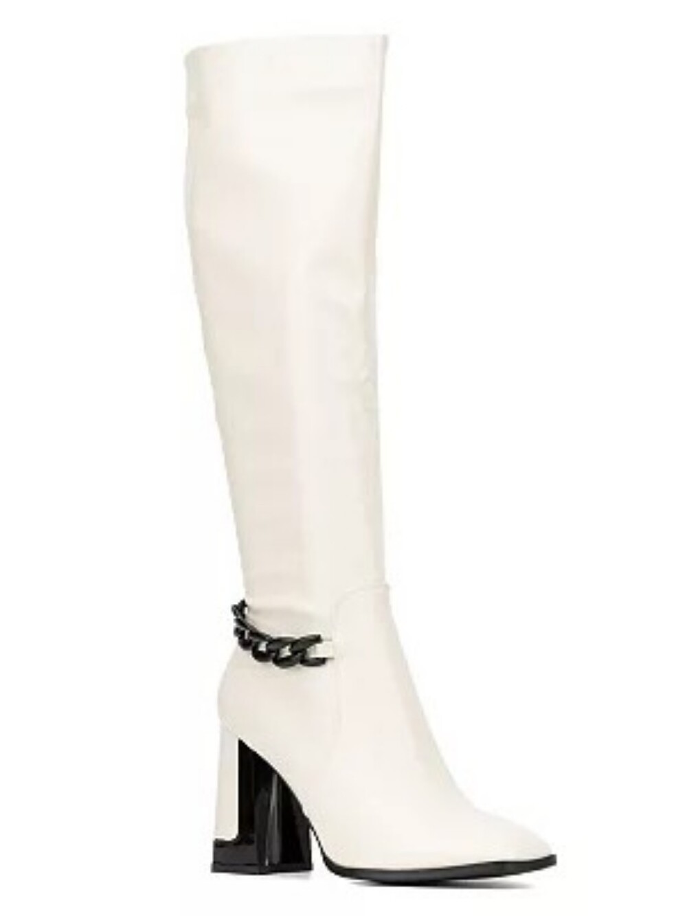 White Knee-High Heeled Boots with Chain Accent